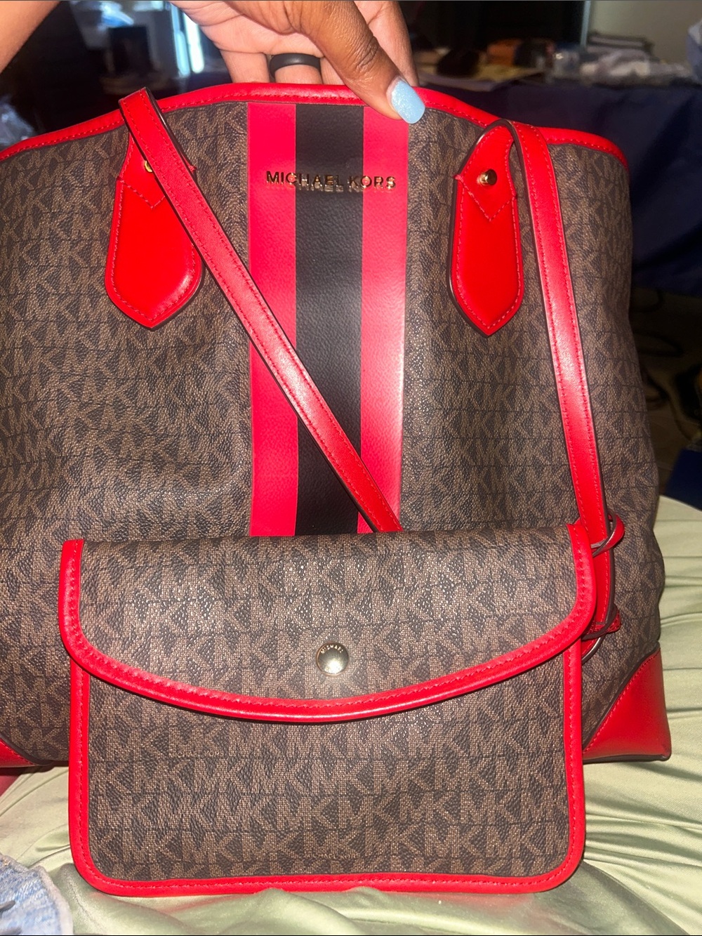 Michael Kors Brown Monogram Tote with Red and Black Stripe